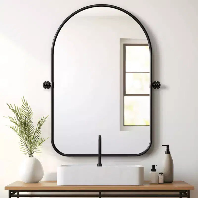 Iron Art Round Corner Arch-shaped Black Rotatable Hardware Hanging Mirror 36*24