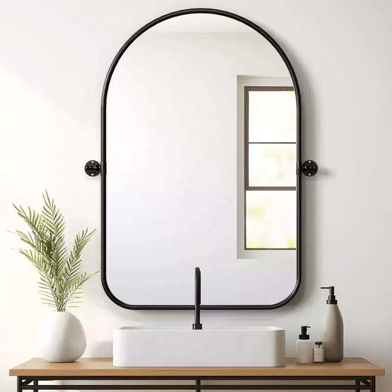 Iron Art Round Corner Arch-shaped Black Rotatable Hardware Hanging Mirror 36*24