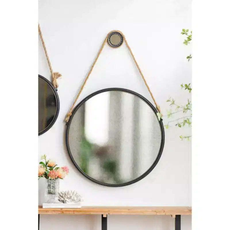 29.5 in On-trend Hanging Round Mirror with Black Framed and with Rope Strap Contemporary Industrial Decor for Bathroom, Bedroom, or Living Space