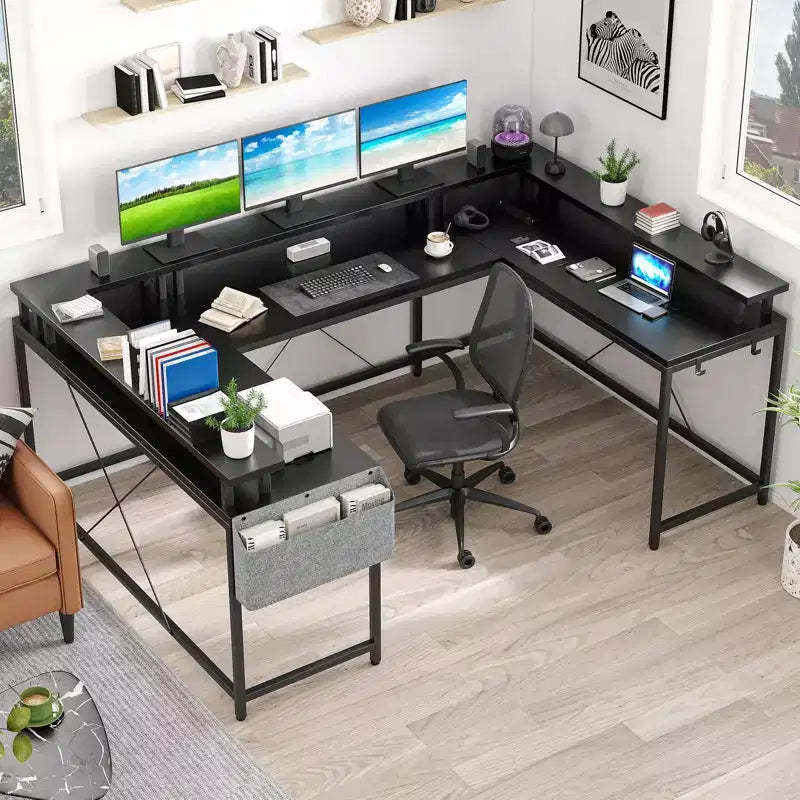 U Shaped Computer Gaming Desk, Reversible L Shaped Desk with Power Outlets, LED Strip & Monitor Stand