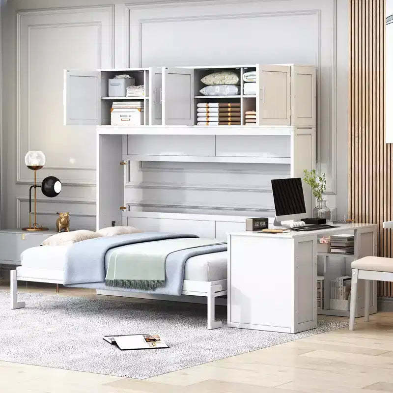 Whisen Morden Design Queen Size Murphy Bed, Folded into a Cabinet with Desk and Storage Shelves