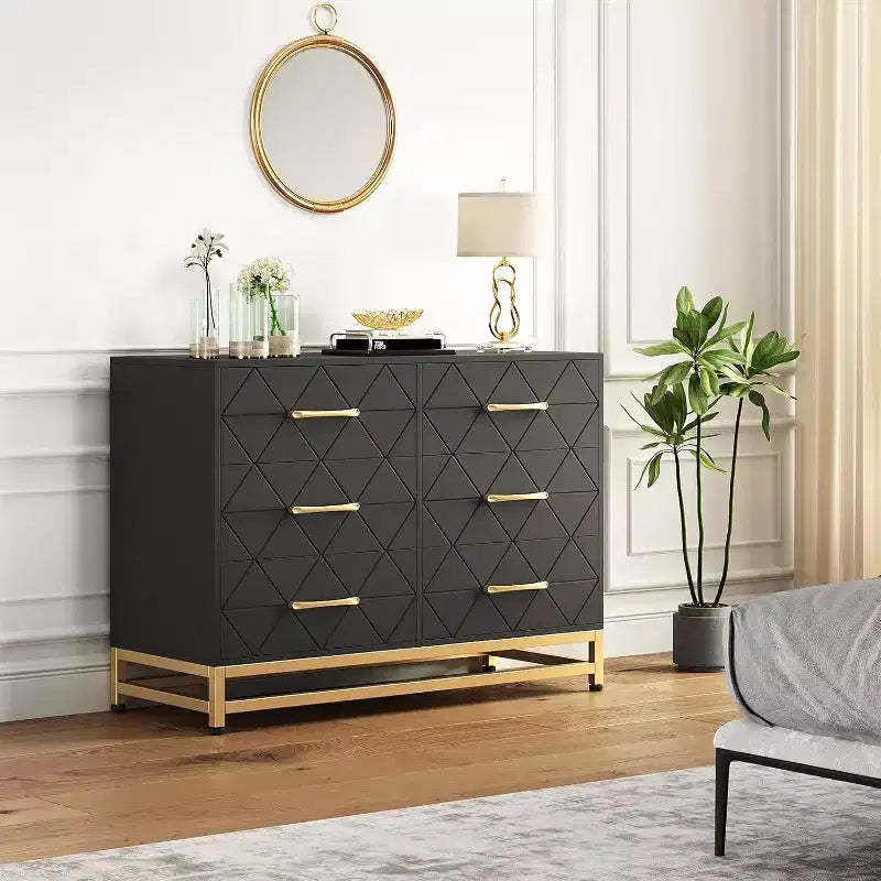Garvee Elegant Black 6-Drawer Dresser with Gold Handles -Anti-Tipping Device  Perfect for Safe and Spacious Storage