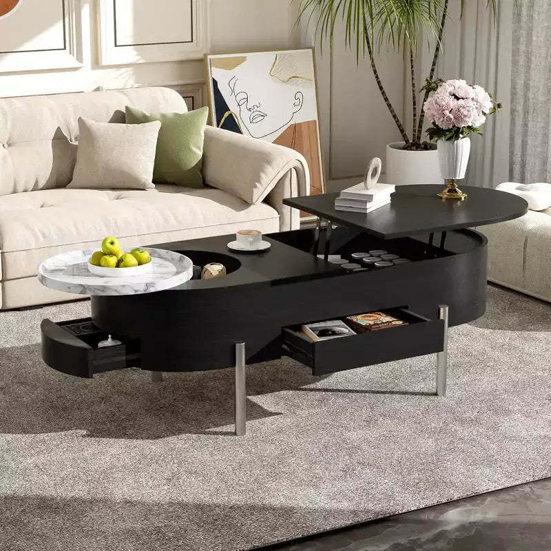 Lift Top Coffee Table Wooden Center Table with 360 Marble-patterned Rotating Tray, 3 Drawers and Hidden Compartment, Brown/Black-ModernLuxe