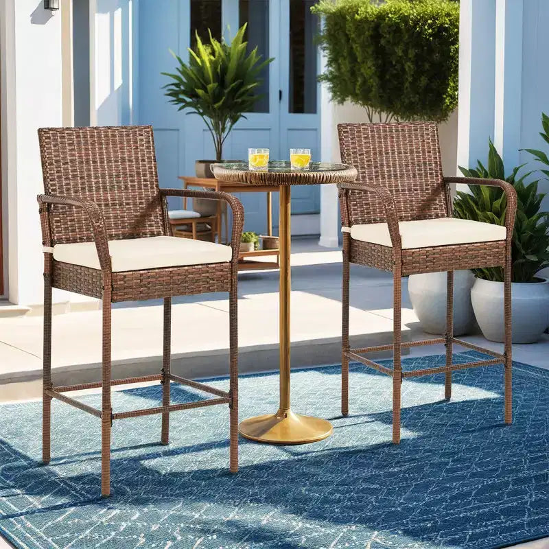 EROMMY Outdoor Patio Wicker Bar Stools Set Of 2, Pe Wicker Rattan Bar Stools With Removable Cushions, Ergonomic Armrests & Backrest