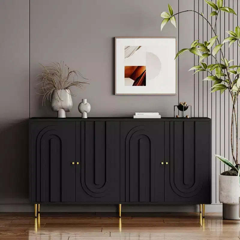 Versatile Black Lacquered 4-Door Wooden Cabinet - Sideboard Buffet Server for Living Room, Entryway, Hallway, Office, Kitchen and Dining Room