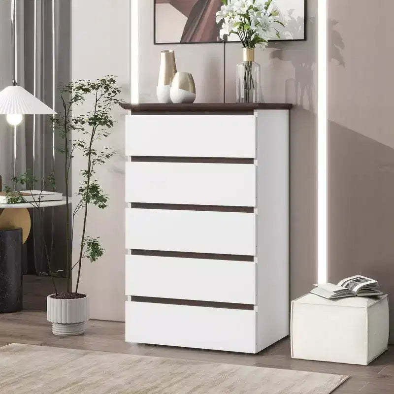 5 Drawer Dresser for Bedroom, Modern Closet Dressers Chest of Drawers, White & Walnut color Storage Dresser Chest Cabinet Organizer Unit