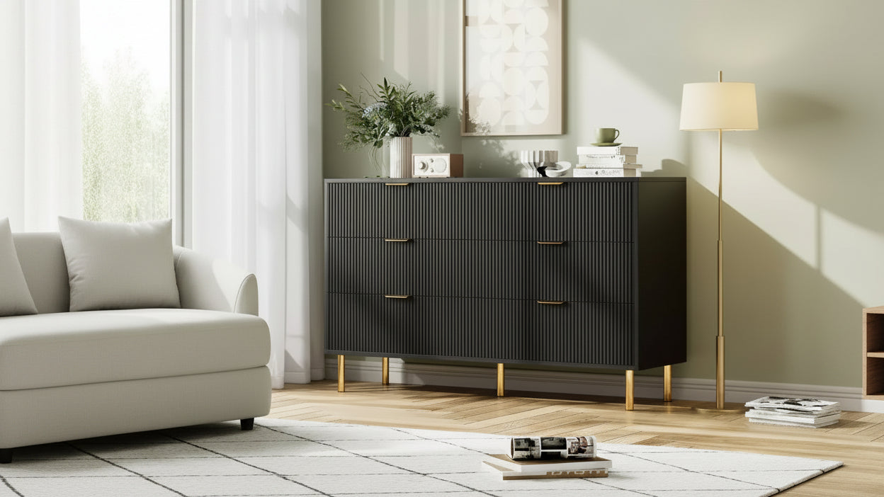 6 Drawer Dresser for Bedroom, Modern Wood Storage Dresser Organizer with Gold Metal Handles & Anti-Tipping Device for Hallway, Entryway