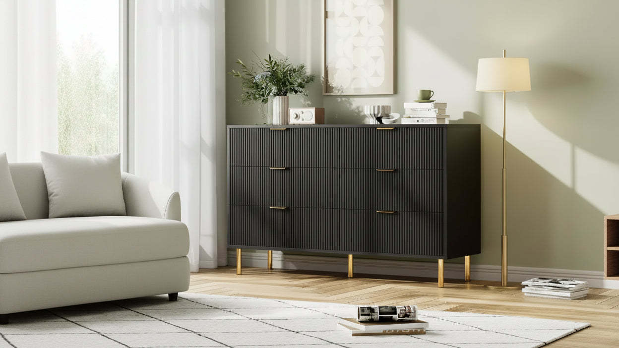 6 Drawer Dresser for Bedroom, Modern Wood Storage Dresser Organizer with Gold Metal Handles & Anti-Tipping Device for Hallway, Entryway