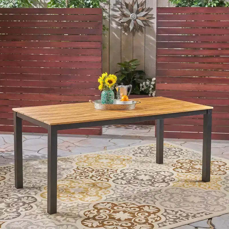 GDFStudio Billie Outdoor 70.75 Acacia Wood and Metal Dining Table, Black and Teak