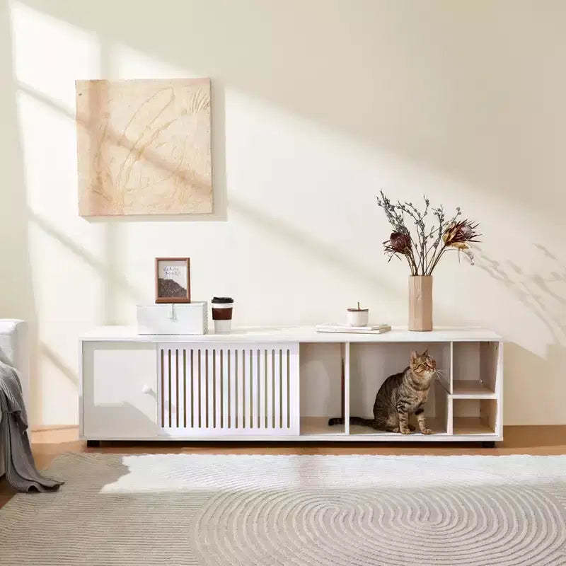 Cat TV Stand Litter Box TV Console with Storage Cabinet & Removable Sliding Door, Cream White-ModernLuxe