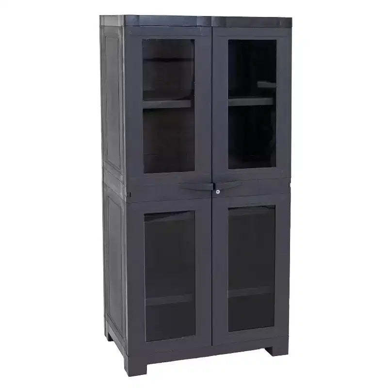 Sunnydaze Plastic Lockable Storage Cabinet with 3 Adjustable Shelves and 4 Windows - Charcoal - 48.75