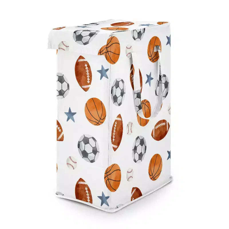 Sweet Jojo Designs Boy Foldable Laundry Hamper with Handles Watercolor Sports Theme Blue Brown and Orange