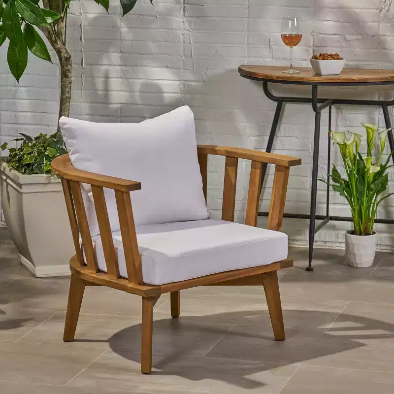 GDFStudio Dean Outdoor Acacia Wood Club Chairs with Cushions, White/Teak
