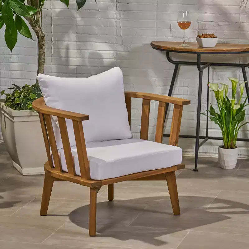 GDFStudio Dean Outdoor Acacia Wood Club Chairs with Cushions, White/Teak