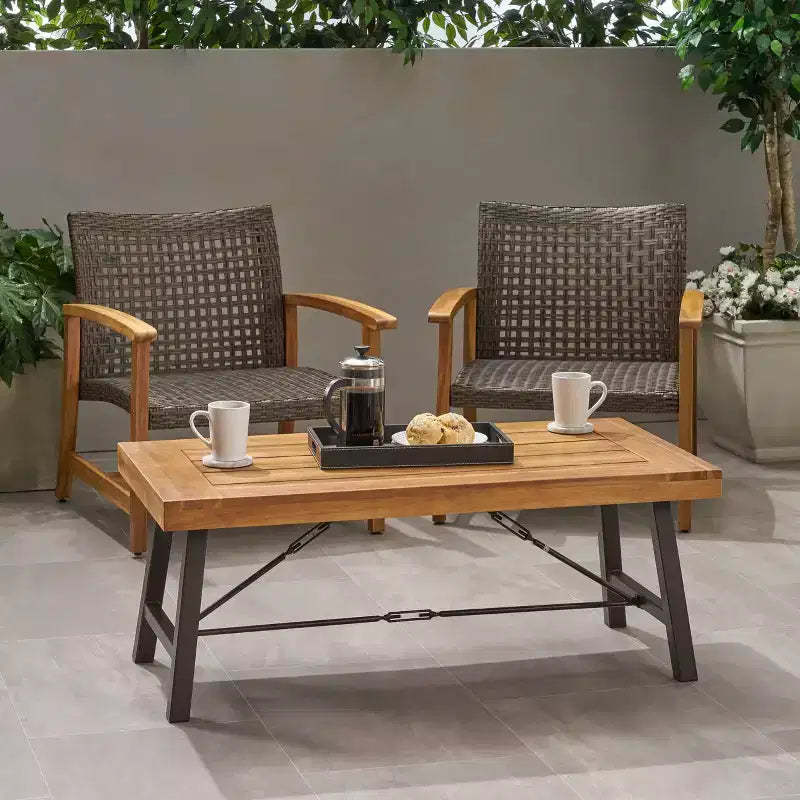 GDFStudio Rosario Outdoor Industrial 45.75 Acacia Wood Coffee Table, Teak/Rustic Metal