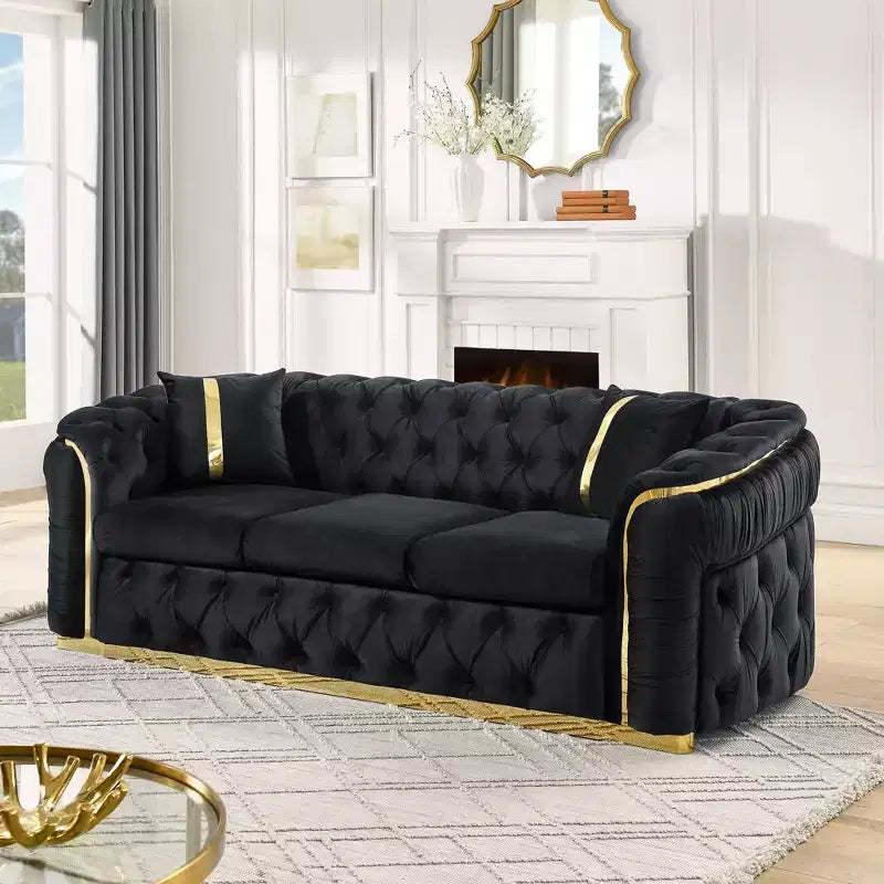 Luxurious 90.6 Inch Velvet Chesterfield Sofa with Button Tufting, Gold Accents, and 2 Pillows - Premium 280g Italian Velvet for Elegant Living Rooms