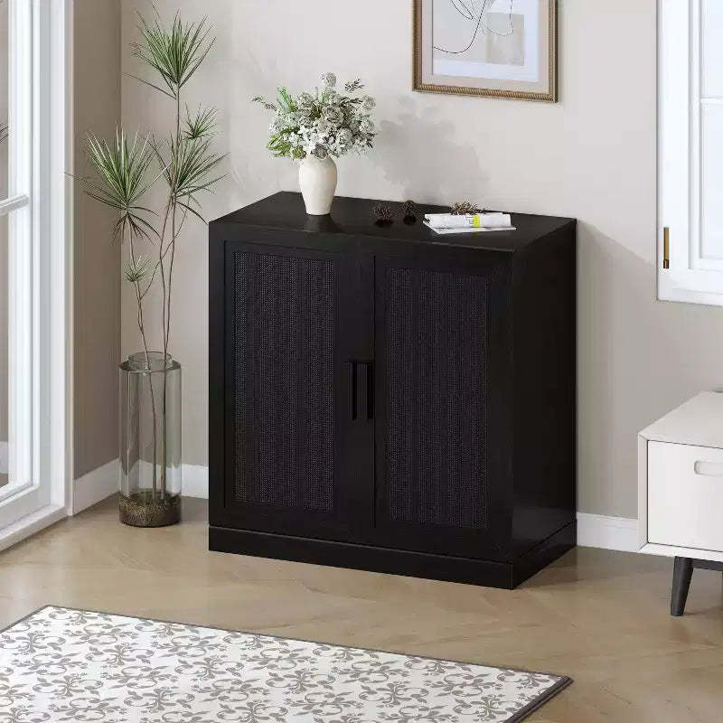 1 Piece Black Wood Grain Storage Cabinet (Wicker Door), Decorative Storage Cabinet