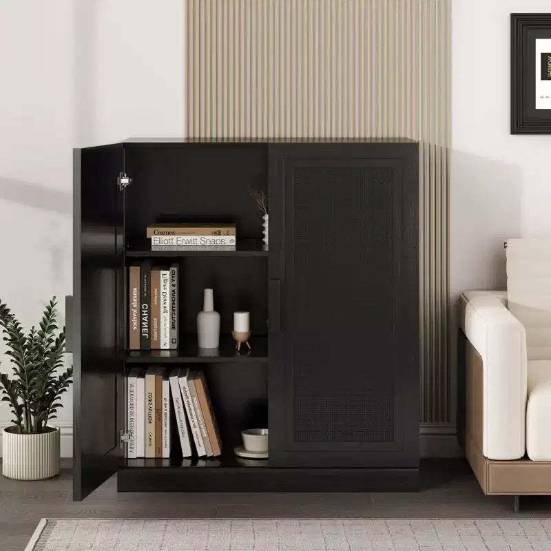 Black Wood Grain Storage Cabinet (Double Opening Wicker Doors)
