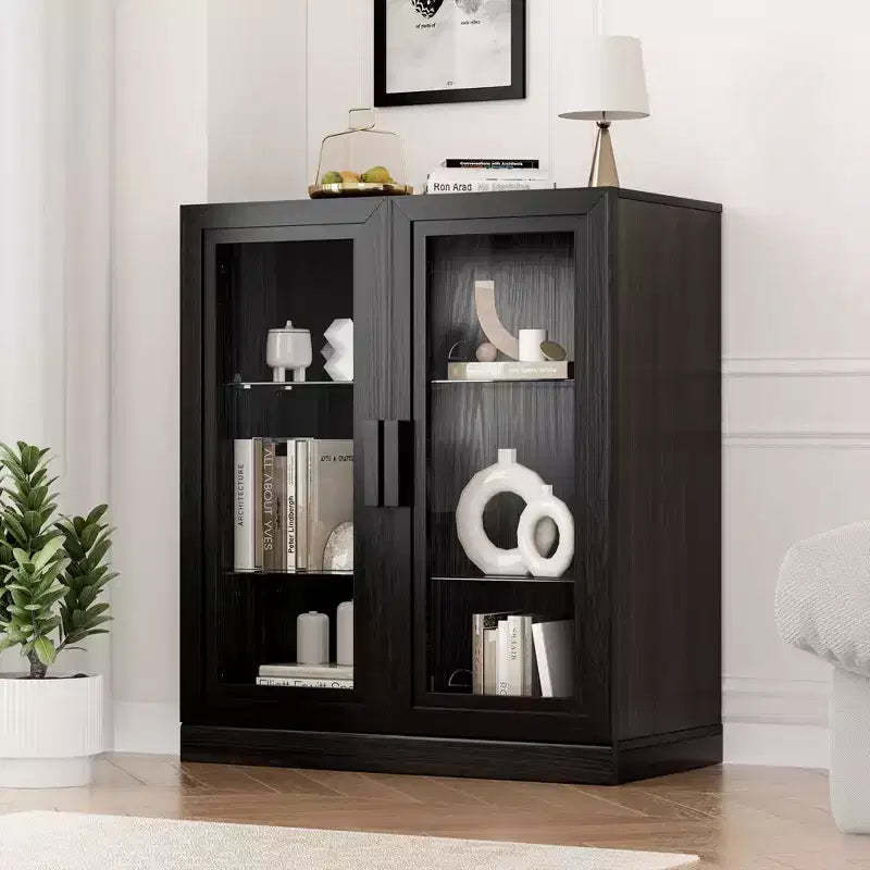 Black Wood Grain Storage Cabinet with Double Glass Doors, Decorative Storage Cabinet