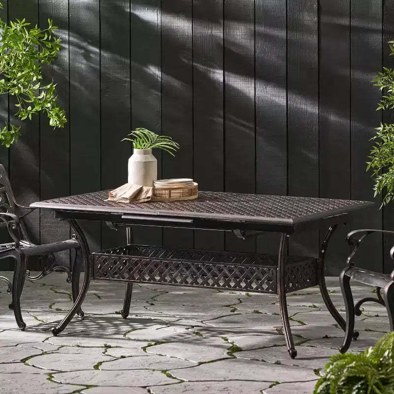 GDFStudio Betsys Outdoor Cast Aluminum 64 Expandable Dining Table with Umbrella Hole, Shiny Copper