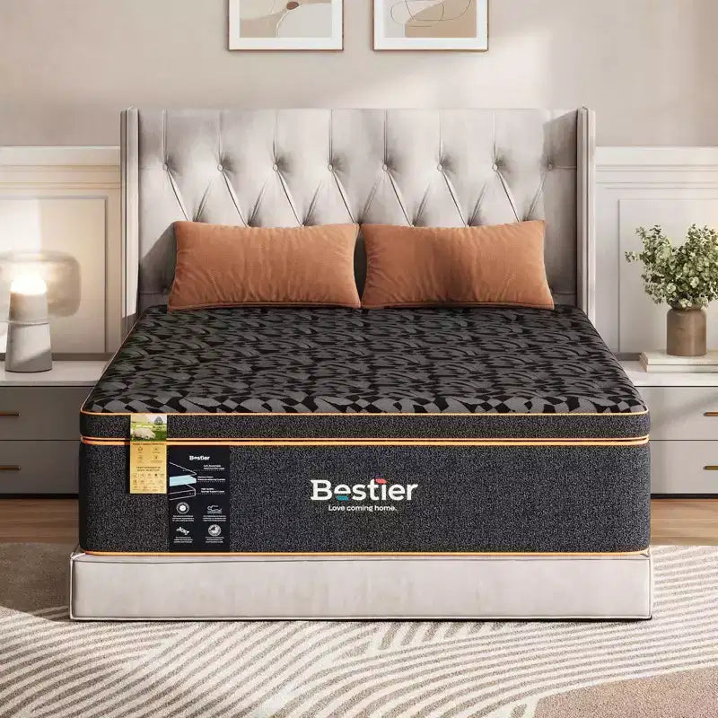 Bestier 14 King Size Mattress, Cooling Gel Memory Foam Black Mattress, Organic Wool Mattress, Lumbar Support Spring for Superior Comfort, CertiPUR-US