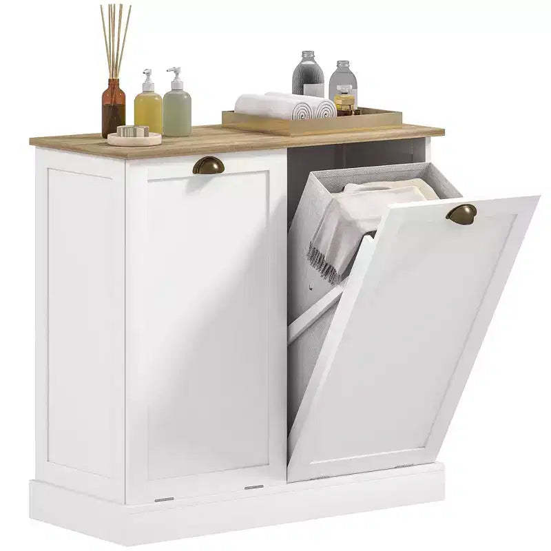HOMCOM Dual Tilt-Out Laundry Hamper Cabinet with 2 Removable Baskets, Modern Bathroom Storage Cabinet with Shaker Doors and Handles, White