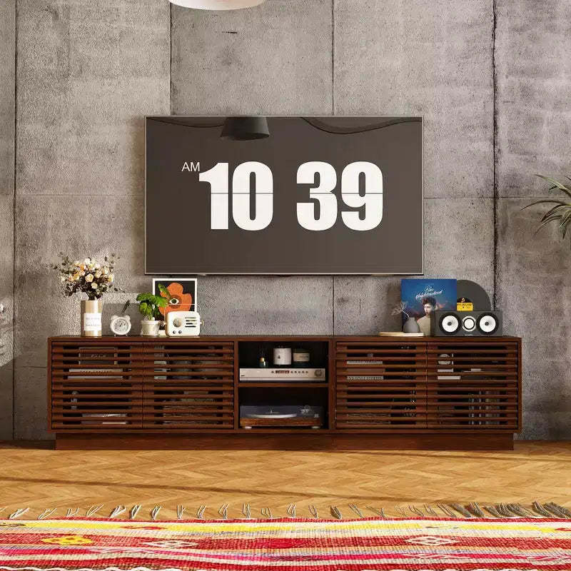 Famapy Rustic Brown Slatted - Door TV Stand Entertainment Center Media Console with Ample Storage