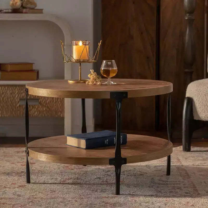 GDFStudio Bernie Modern Industrial Two-Tier Handcrafted Wood Round 30.71 Coffee Table with Metal Legs