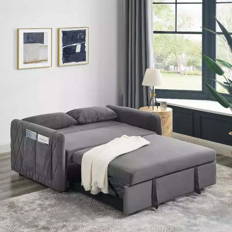 55.5 Modern Pull-Out Sleep Sofa - 2-Seater Loveseat with Lumbar Pillows & Side Pockets
