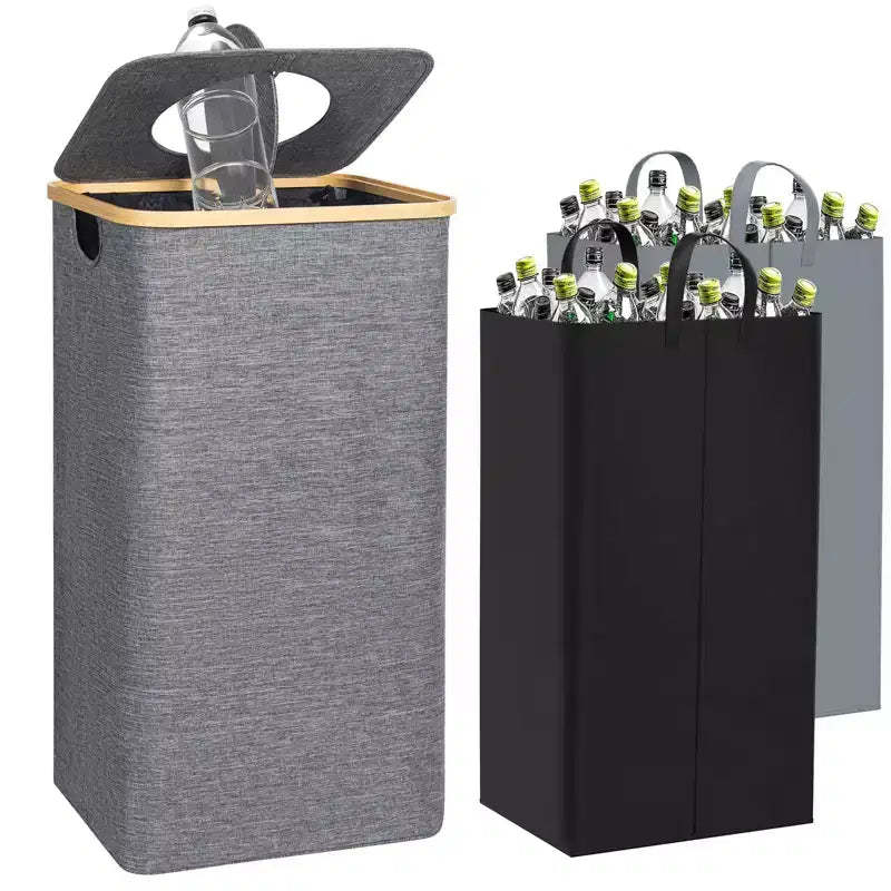 Hausource 100L Gray Laundry Hamper & Recycling Bin with Lid, 2 Liners, Collapsible, Waterproof