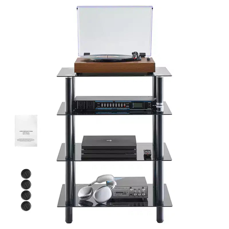 VEVOR 4-Tier AV Media Stand, Audio/Video Stand with Strengthened Tempered Glass Shevles for DVD/Cable Boxes/Games Consoles, Height Adjustable