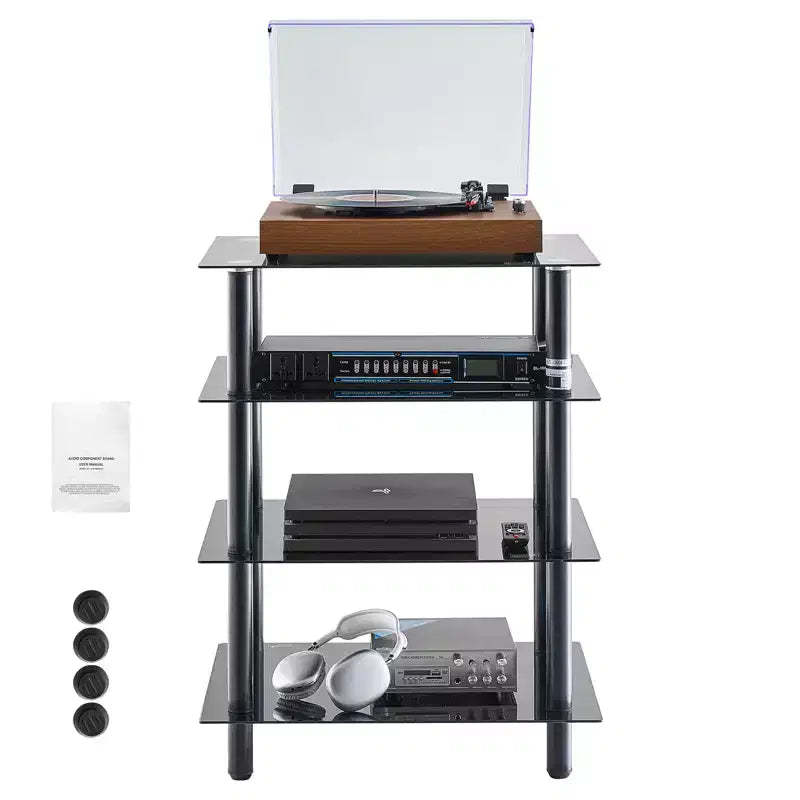 VEVOR 4-Tier AV Media Stand, Audio/Video Stand with Strengthened Tempered Glass Shevles for DVD/Cable Boxes/Games Consoles, Height Adjustable