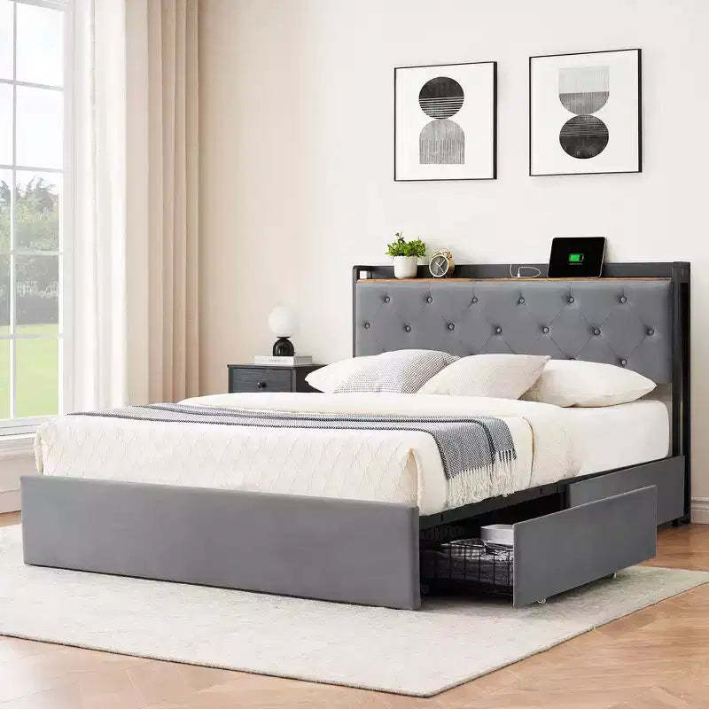 Garvee Bed Frame with 4 Storage Drawers and Charging Station, Upholstered Bed Frame with Storage Headboard -No Box Spring Needed