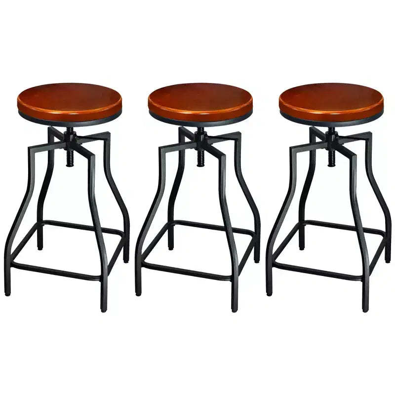 eHemco Industrial Adjustable Swivel Metal Kitchen Counter stool with Wood Veneer Seat, Rustic Brown and Black, Set of 3
