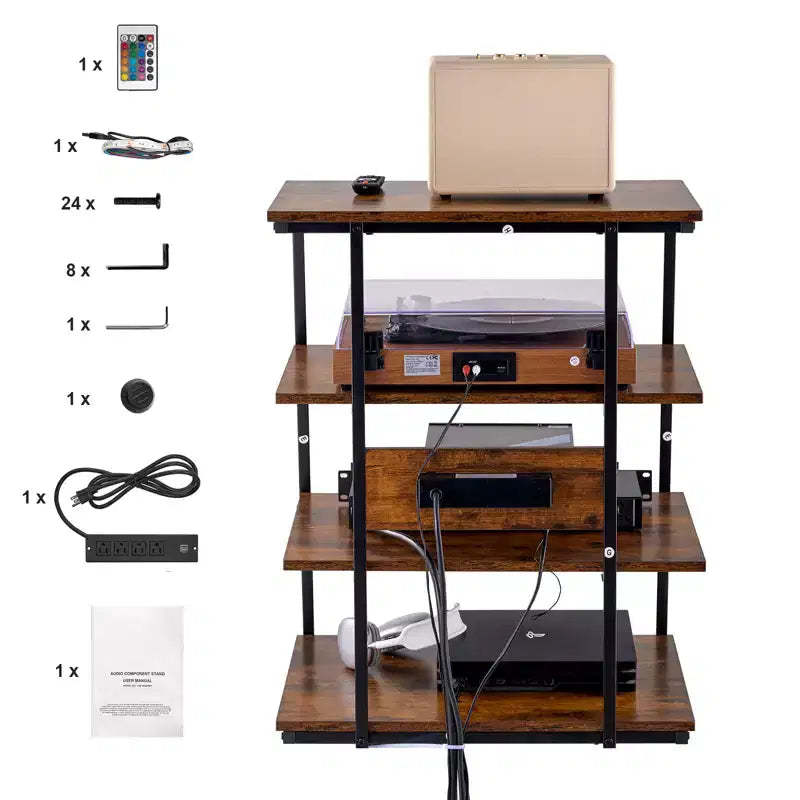 VEVOR 4-Tier AV Media Stand with Power Strips, Corner TV Stand with LED Lights, Height Adjustable Wooden Shelves for DVD Players, Brown