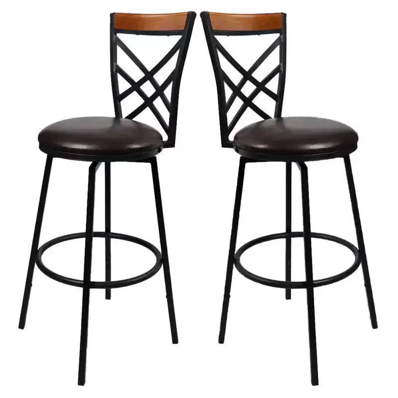 eHemco Swivel Metal Kitchen Counter Barstool with Double X Back Upholstered Faux Leather Seat, Espresso and Black, Set of 2