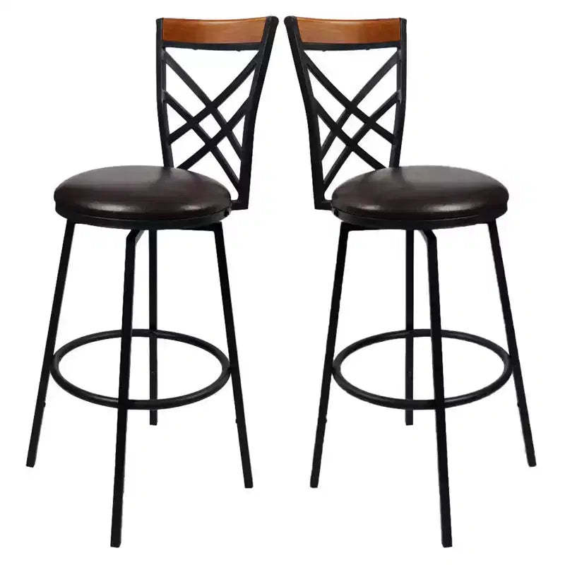 eHemco Swivel Metal Kitchen Counter Barstool with Double X Back Upholstered Faux Leather Seat, Espresso and Black, Set of 2