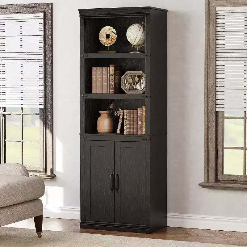 Farmhouse Bookcases with Doors, 5 Tier Bookshelf with Storage, Wooden Storage Cabinet