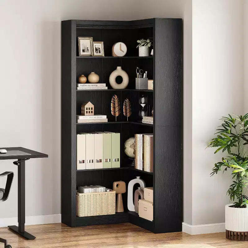 71.8'' Corner Bookshelf, 5-Tier Wooden Farmhouse Bookcase w/Anti-Tipping Kit, Storage Organizer