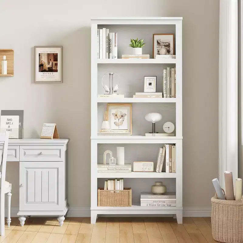 5 Tier Tall White Bookshelves, Large Wooden Bookcase with Adjustable Shelves