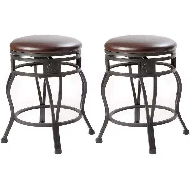 eHemco Swivel Metal Kitchen Counter Height Barstool with Upholstered Faux Leather Seat, 24 Inches, Black, Set of 2