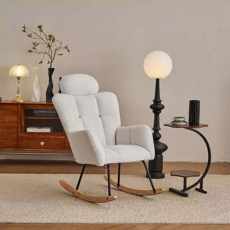 Teddy Fabric Upholstered Nursery Rocking Glider Chair Modern Accent Armchair Padded Seat with High Backrest and Pillow for Living Room Bedroom (Ivory)