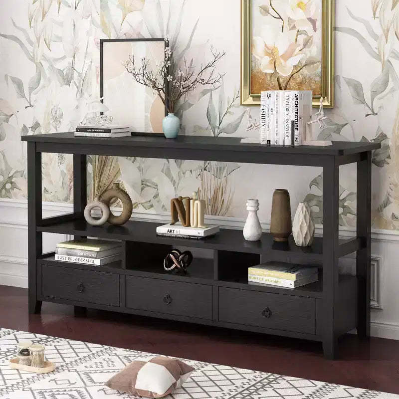 Black 57.8in 4-layer 3-drawer 3-compartment MDF Entry Table