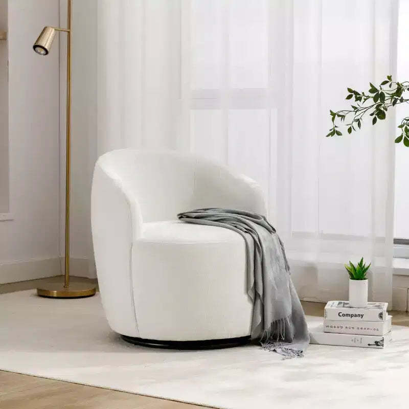 Chenille Fabric Swivel Accent Armchair Barrel Chair With Black Powder Coating Metal Ring,Ivory