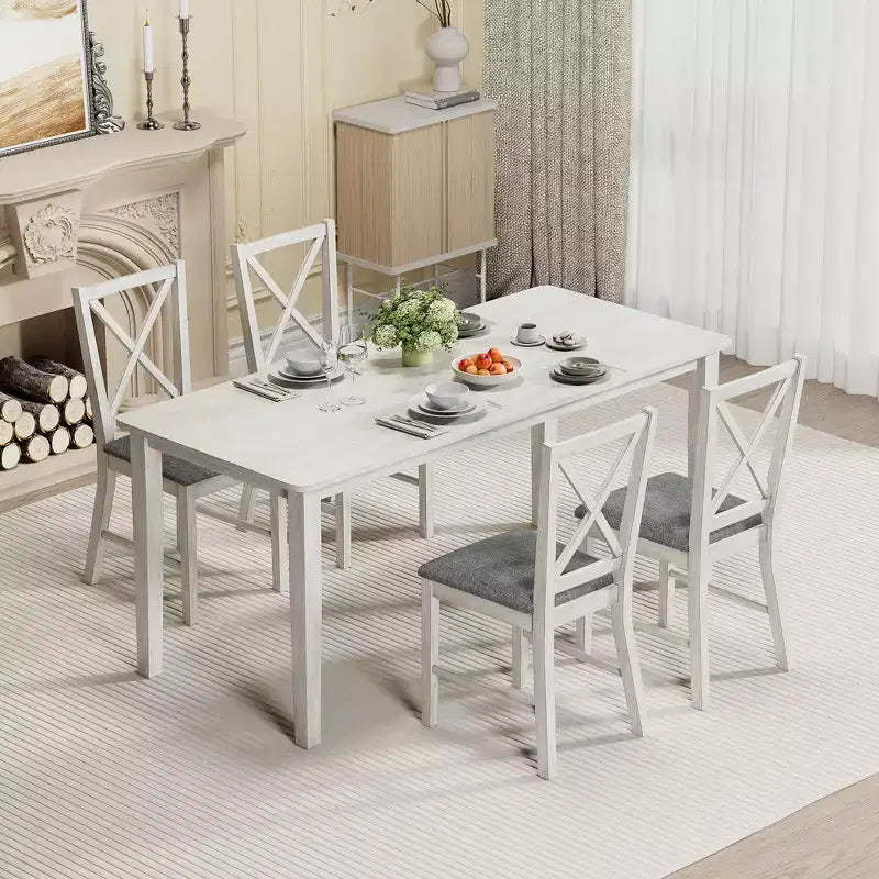 VECELO Farmhouse Style Dining Table Set, Rubber Wood Table and Upholstered Dining Chairs, Gray