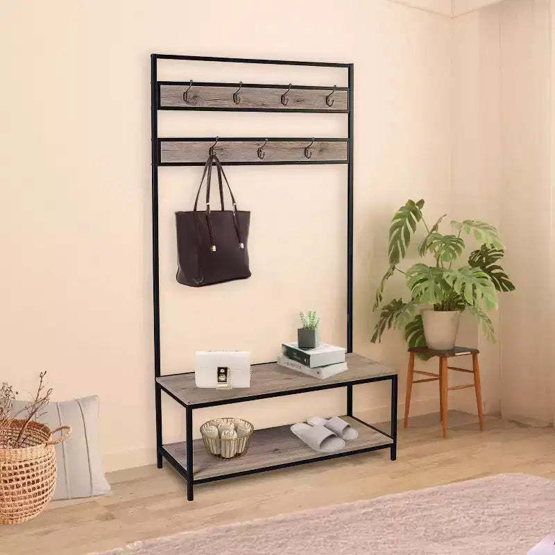 eHemco Metal and Wood Entryway Hall Tree and Coat Rack for Living Room and Hallway, with Storage Bench and 7 Hooks