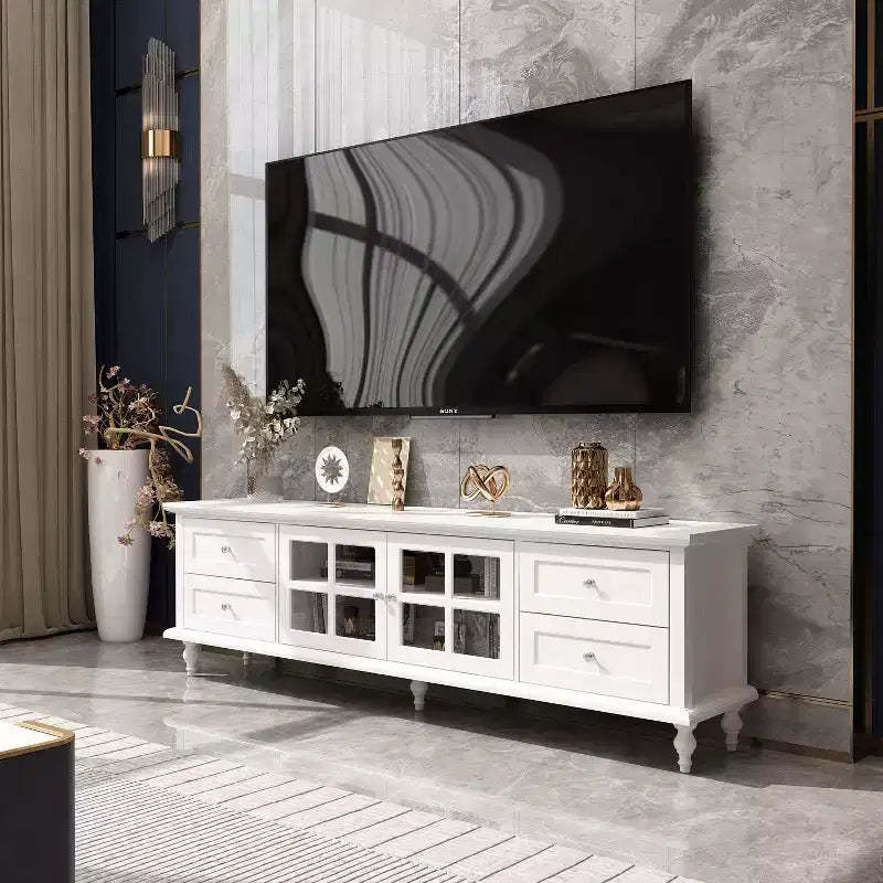 Famapy Media Console with Glass Doors Drawer Storage for Living Room TV Stand