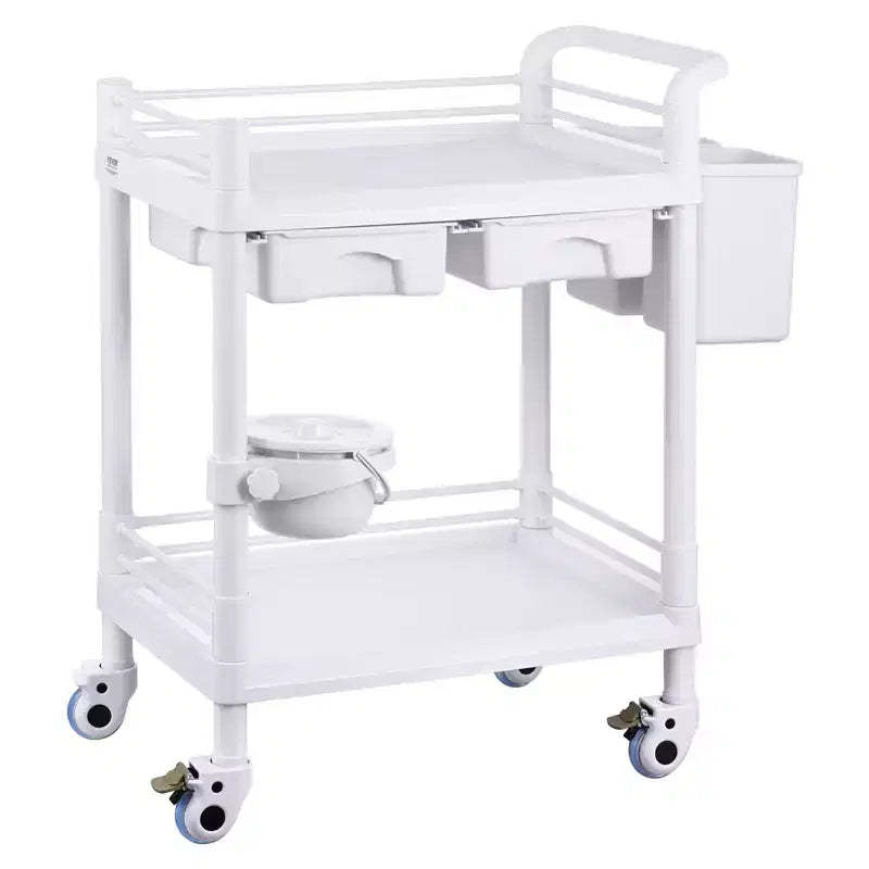 VEVOR 2 Tiers Lab Carts, Lab Utility Cart with 2 Trays, 2 Drawers & 4 Silent Wheels, Mobile Medical Cart with PP Material, Lab Rolling Cart