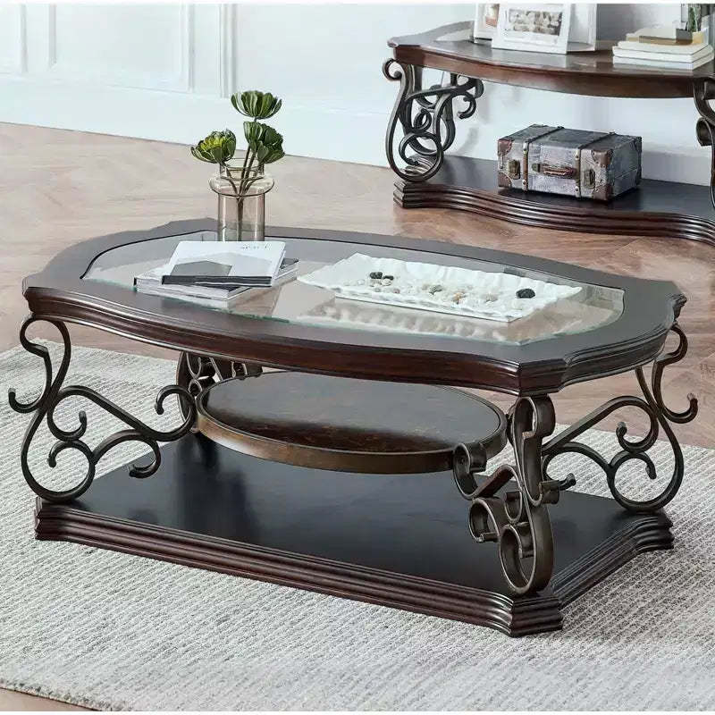GDFStudio Perry Traditional 2-Tier Glass and Wood 52 Coffee Table with Marble Shelf