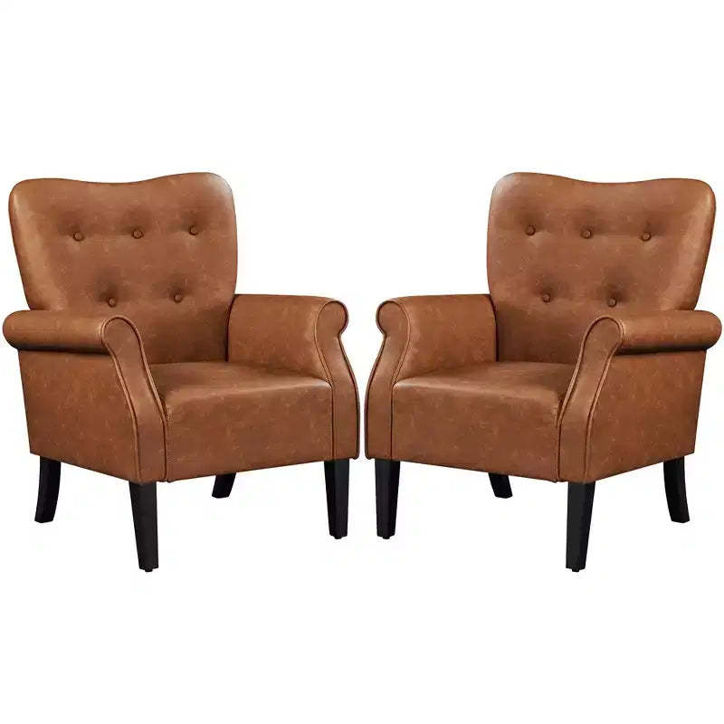 Yaheetech Set of 2 Mid-century Modern Faux Leather Armchair with Tufted High Back for Living Room, Bedroom, Retro Brown